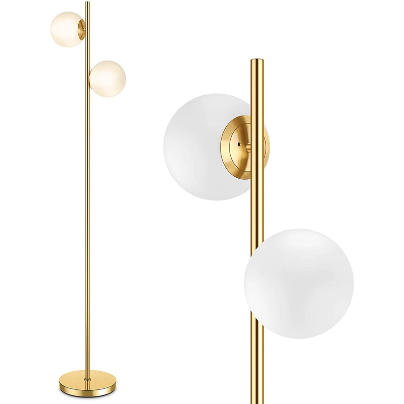 Mid Century Modern 2 Frosted Glass Globe Floor Lamp for Living Room Contemporary LED Standing Light