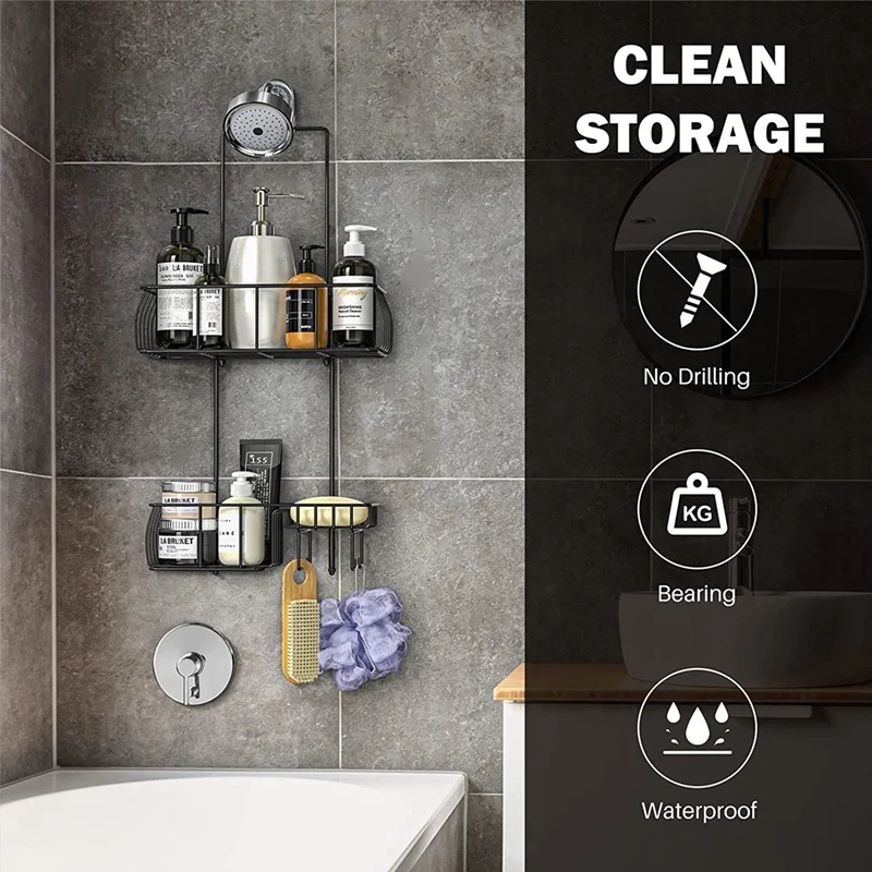 2 tier Stainless Steel Bathroom Shower Shelf hanging Storage Rack Over The Door shower caddy With Hooks