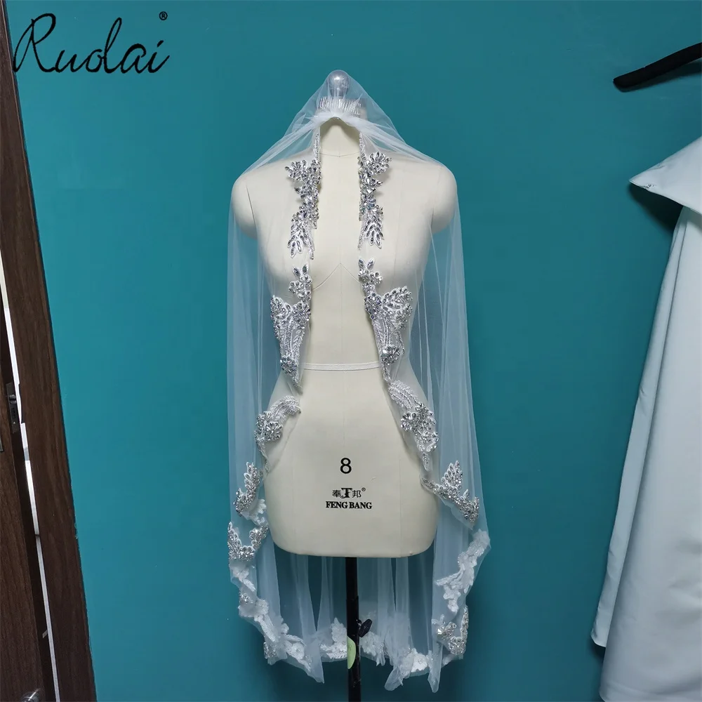 Сверкающая Тяжелая свадебная фата VM0085 из бисера цвета слоновой кости со стразами для женщин