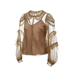 Elegant Vintage Casual Ladies Tops Shirts Long Sleeve Lace Appliques Sheer Tops