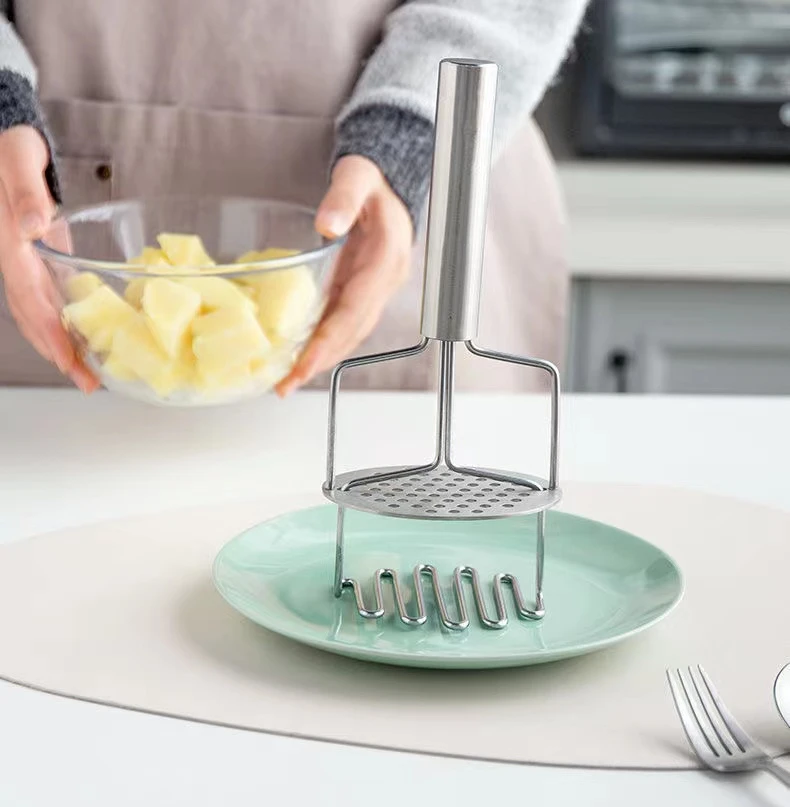 Kitchen Gadget 2 in 1 Potato Masher Stainless Steel Potato Masher Ricer Pusher Squeezer Mashed Garlic Crusher Press