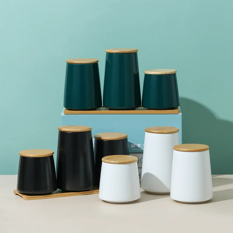Custom Ceramic Storage JAR with Bamboo Lid Grain Food Storage Sealed Bottle Pot Canister for Kitchen Supplies