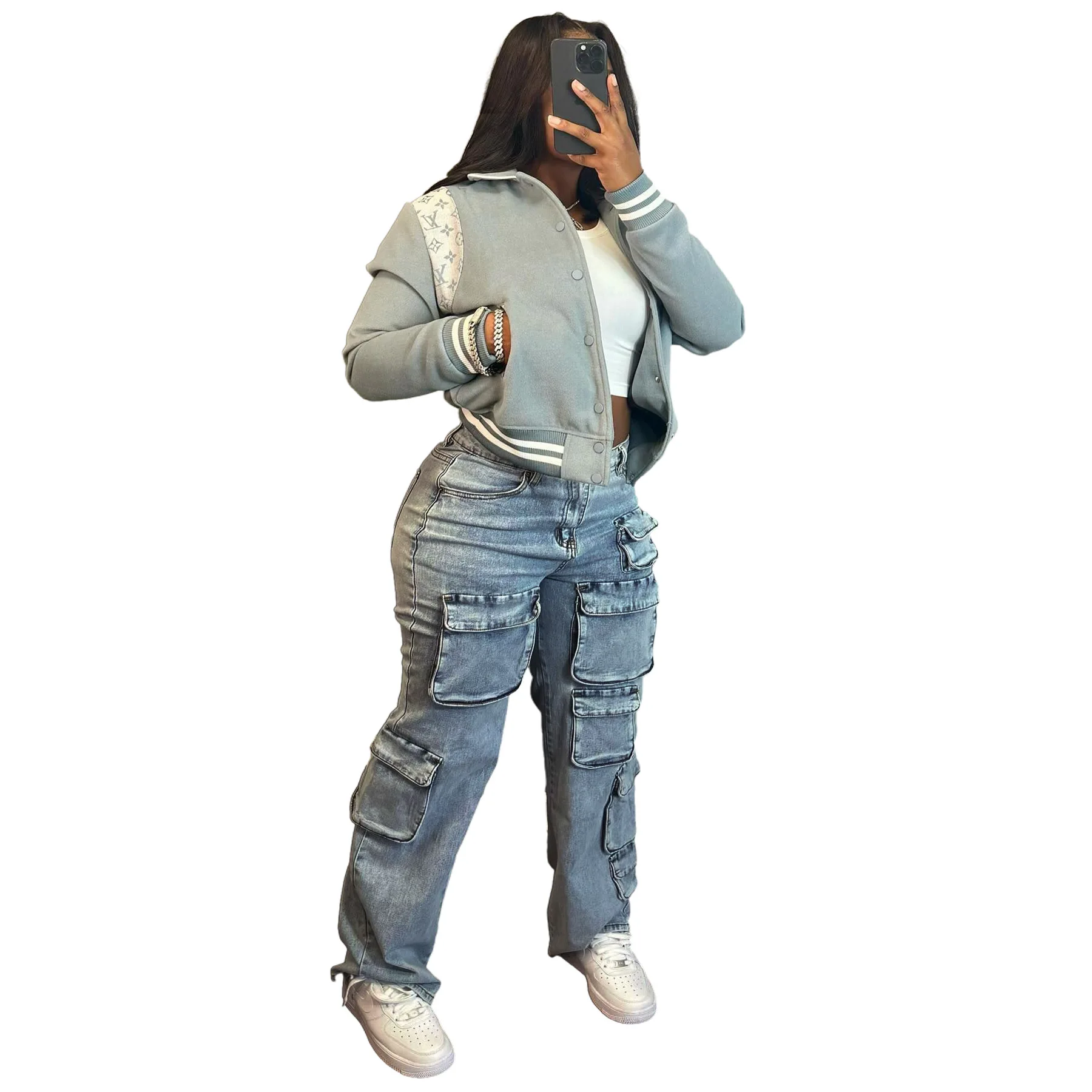 New denim workwear pants elastic multi bag pants casual straight leg denim pants