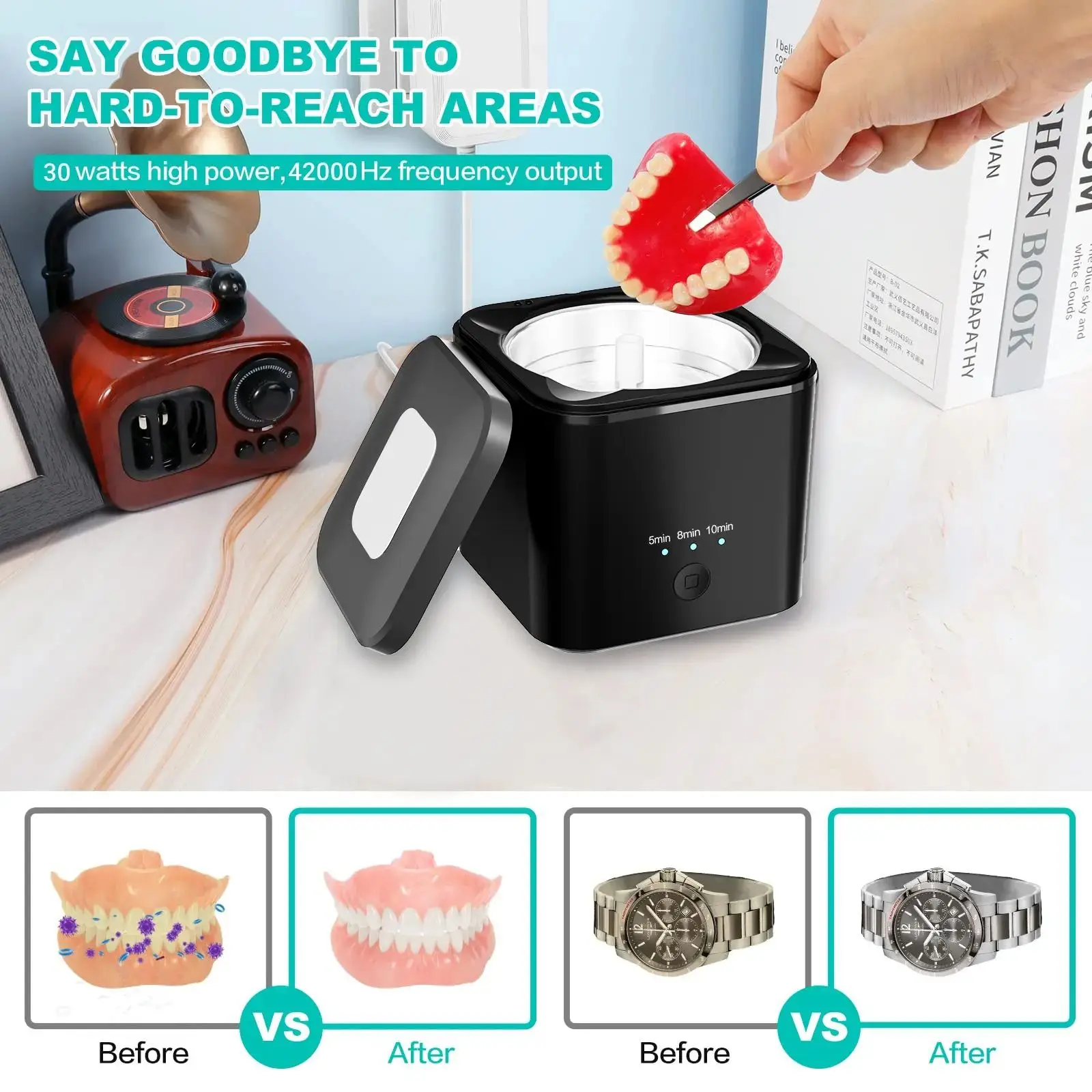 UV Ultrasonic Cleaning Machine Portable Ultrasonic Cleaner for Dental False Teeth Aligner Retainer Mouth Guard Jewellery Watches