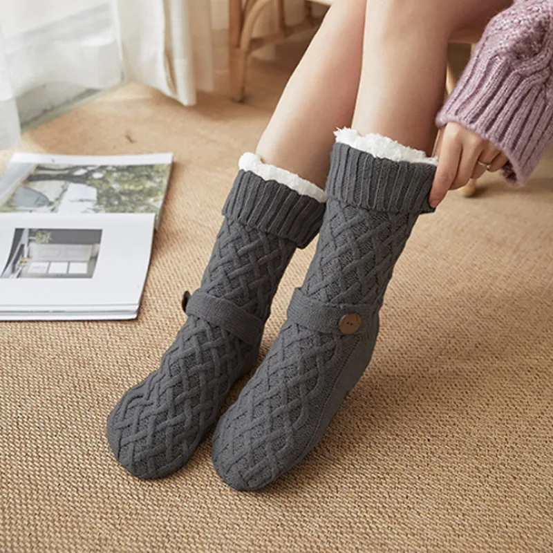 
Wholesale Knit Cozy Fleece Floor Fuzzy Winter Women Christmas Warm Acrylic Slipper Socks Floor socks with Button 