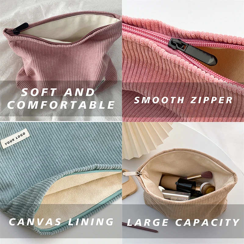 Custom Label Logo Vintage Corduroy Makeup Bag Colorful Pencil Case with Zipper Closure Soft Cosmetic Storage Pouch Clutch Women