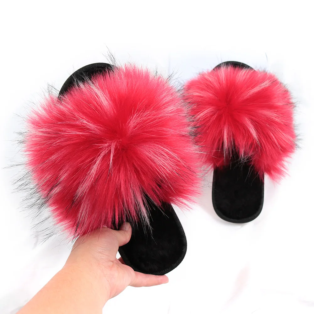 Wholesale Fashion New Arrival Indoor Outdoor Casual Wear Red Fuzzy Peep Toe Flat Furry Faux Fur Fluffy Home Slippers Women