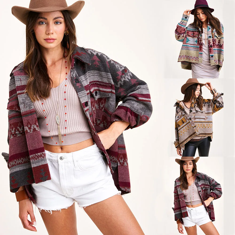 Vintage Geometric Printing Patterns Demin Jacket Woman Color Block Pockets Jeans Jacket Coat for Women 2021