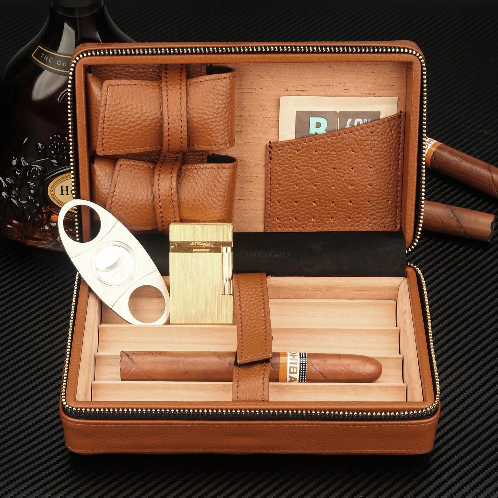 Custom Humidor Cigar Box Genuine Leather Portable Carring Spanish Cedar Wooden Travel Luxury Storage Cigar Case