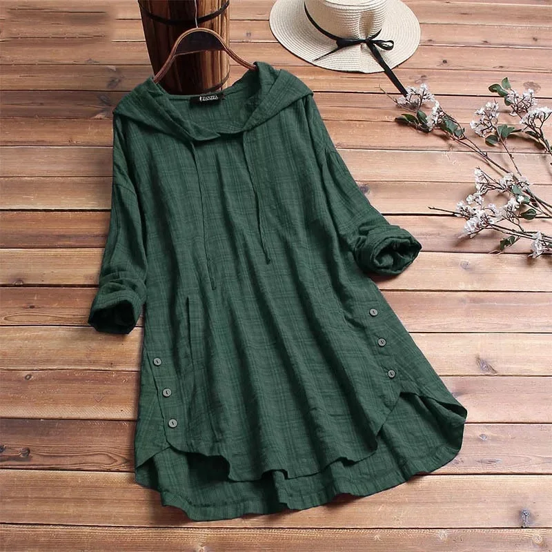 Round Neck Cotton Linen Blouse Women Plus Size Loose Short Sleeve Long Blouses Top Female Irregular Hem Shirt Blouse