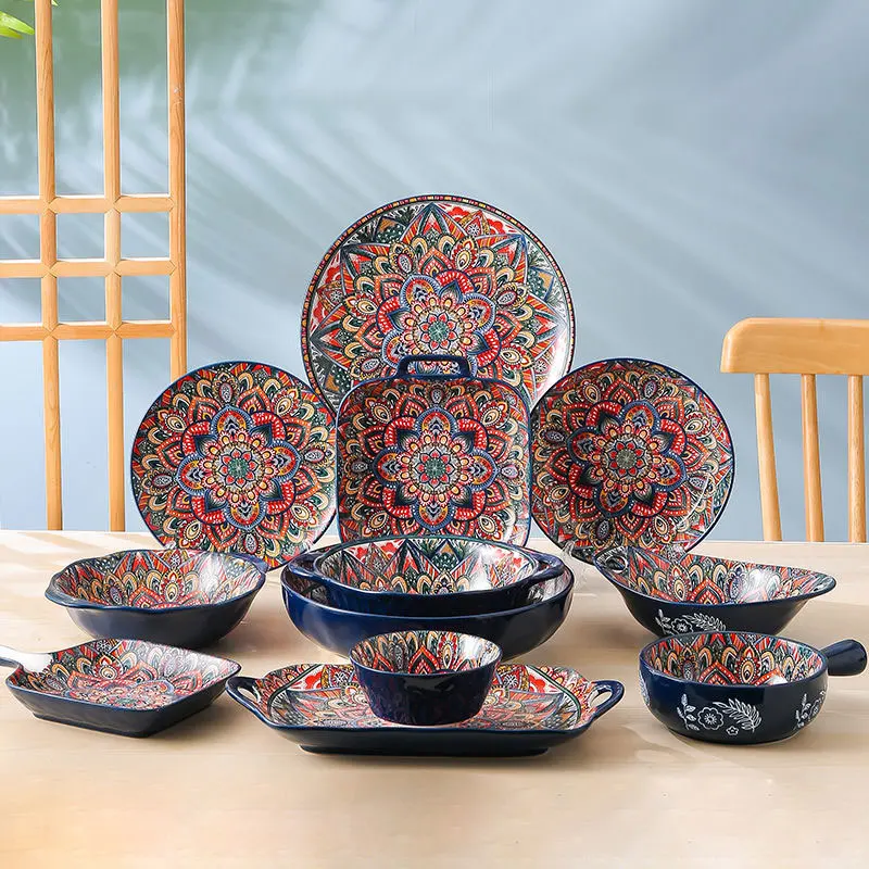 Bohemian Retro Dishes and Bowl Tableware Set Household Baking Tray Assorted Dishes ceramic Bohemian tableware Boiled fish bowl