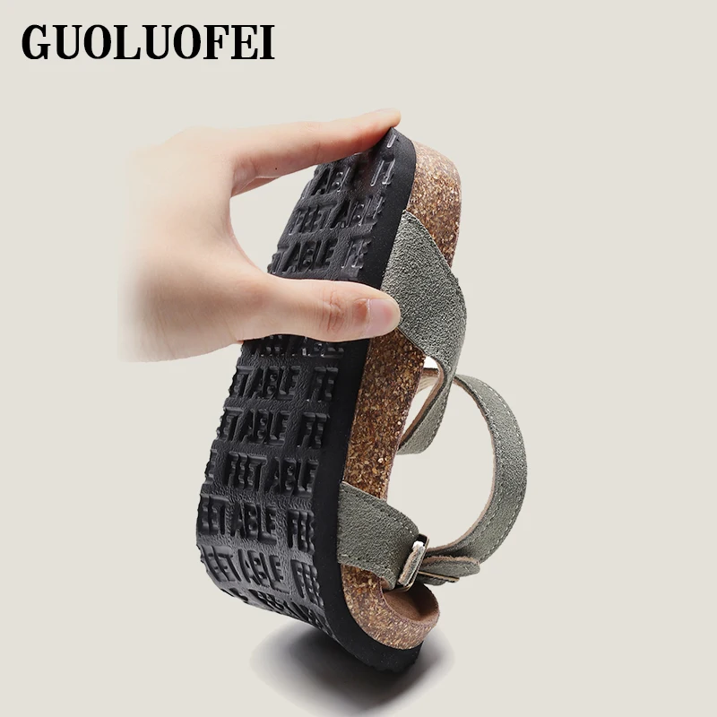 GUOLUOFEI Women Suede Cork Sandals Flat Buckle Casual Ankle Strap Sandals