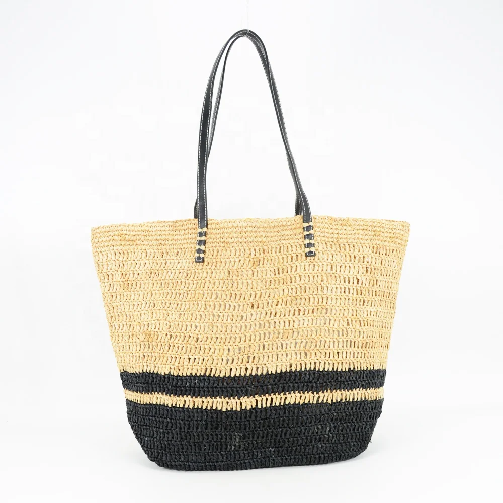 Straw Raffia Beach Tote Bag with black leather handles raffia straw from Madagascar