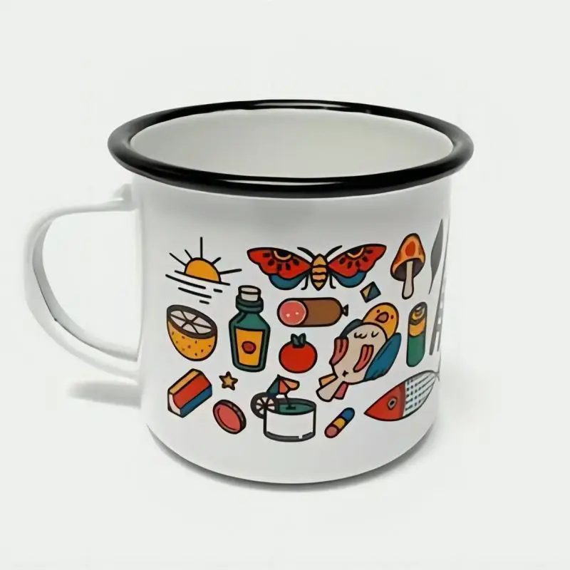 Outdoor camping picnic non toxic custom printed colored pantone qualified enamel tin coffee cup mug with handle