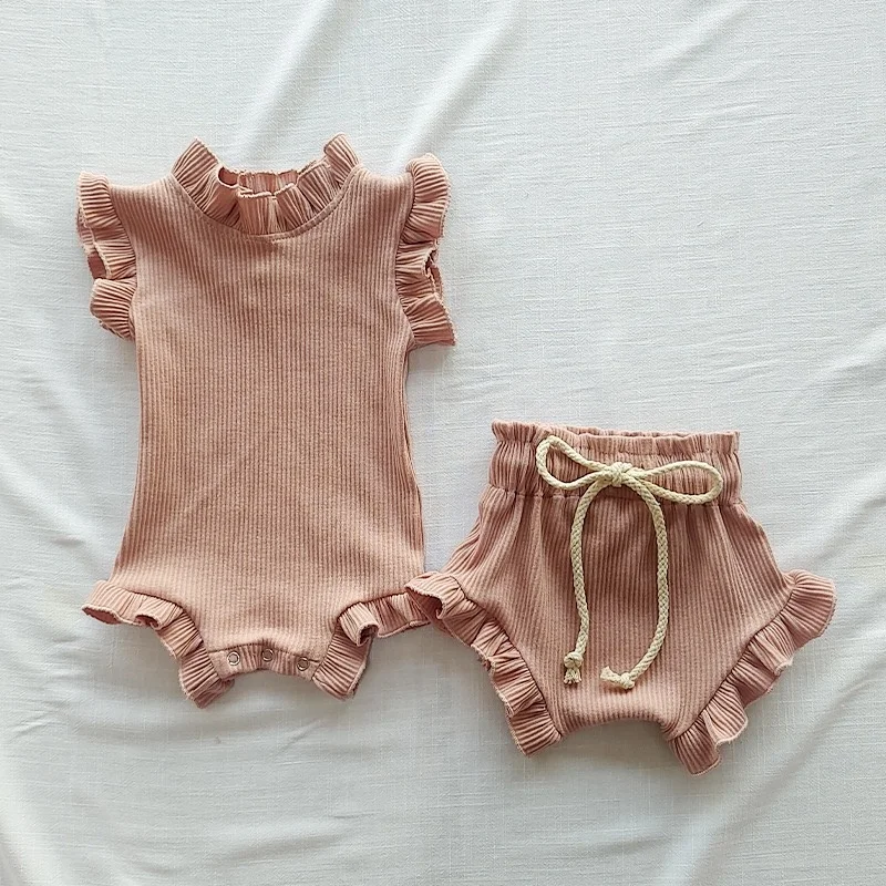 Wholesale 3 PCS Organic Cotton Baby Girl Jumpsuit Rompers Shorts NewBorn Baby Girl Ruffle  Baby Clothing Set With Headband