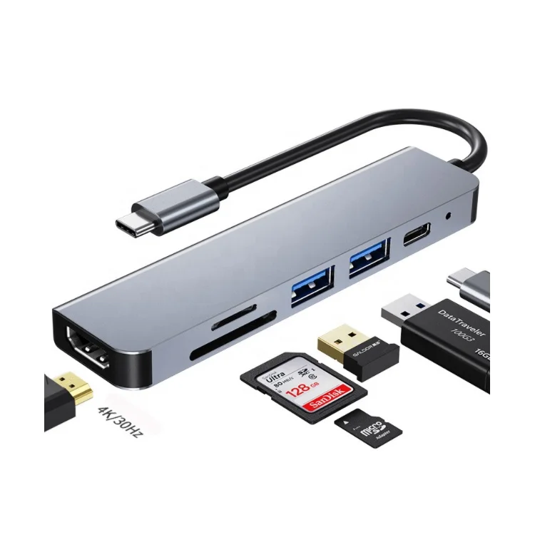 Aluminum 6 Ports Type C PD 60W  USB 3.0 High Speed Transmission 5Gbps 6 In 1 Usb C Hub