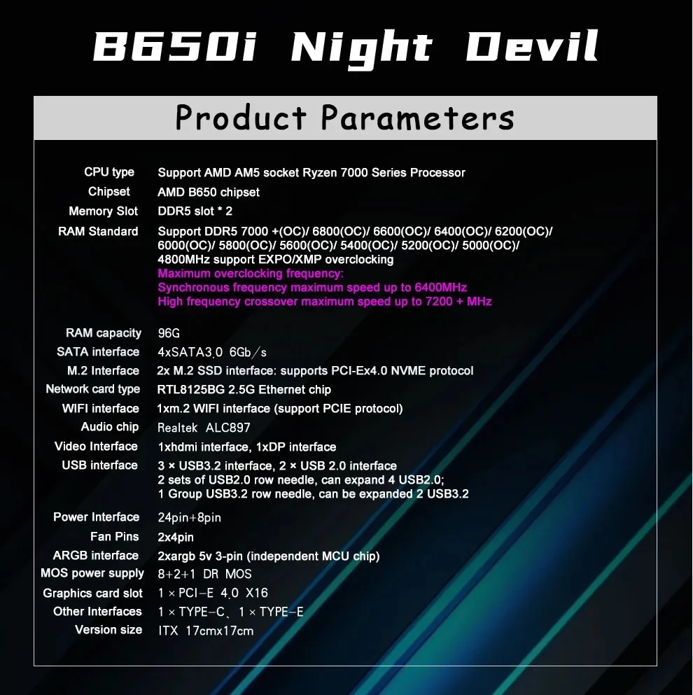 JGINYUE AM5 mini itx B650i Night Devil B650 Motherboard supports Ryzen 7000-9000 Series Desktop PC CPU DDR5 RAM WiFi onboard