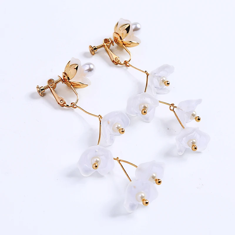 Long Liquid Chandelier Tassel Dangle Flower Earring Clip On Non Piercing Statement Earrings