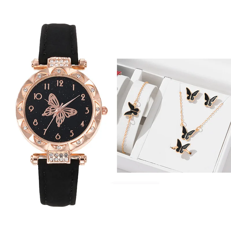 5PCS/Set Butterfly Necklace Earring Ring Bracelet Watch Gift Set Fashion Butterfly Buckle Leather Watch Strap Watches Jewelry