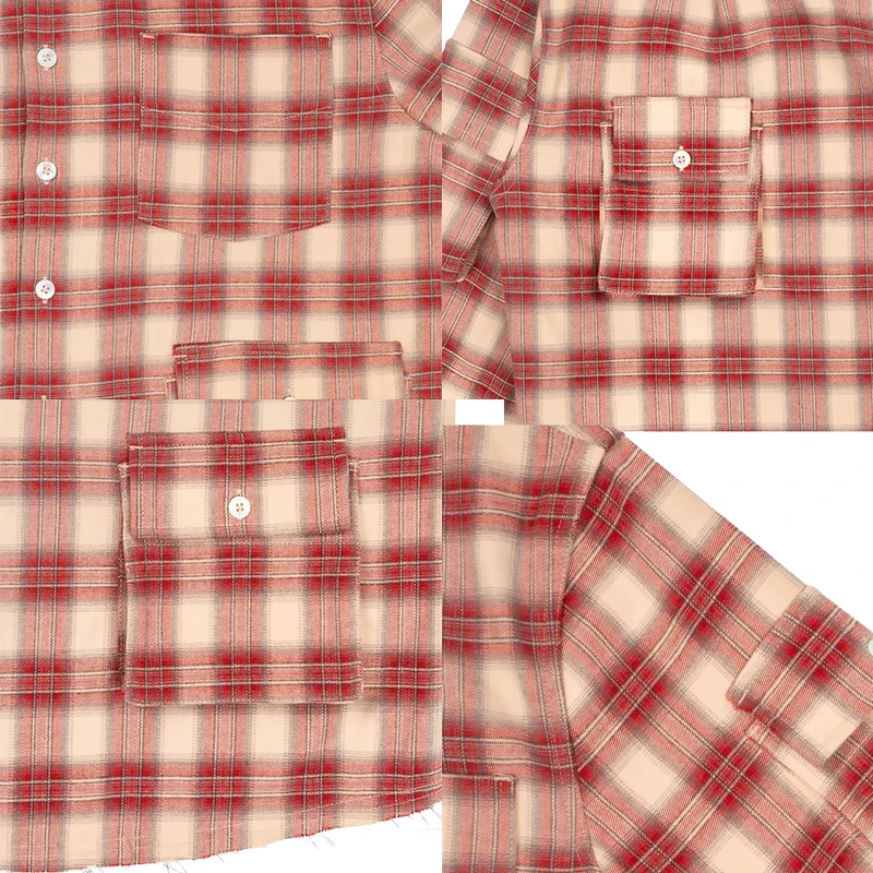 OEM custom slightly cropped multi cargo pockets plaid soft cotton flannel fashion shirts men