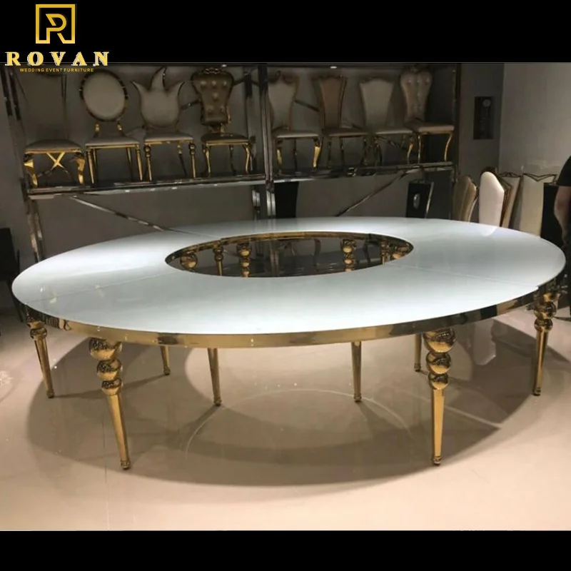 Banquet used MDF top stainless steel gold legs wedding dining room half moon table