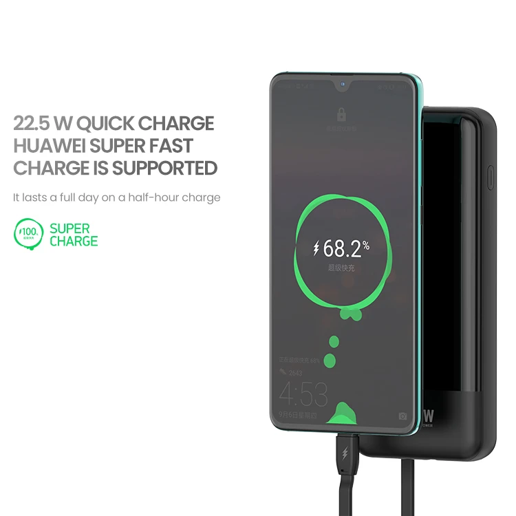FONENG brand led display showing 10000mAh capacity power bank 22.5W fast charging slim body power bank buiding with cables