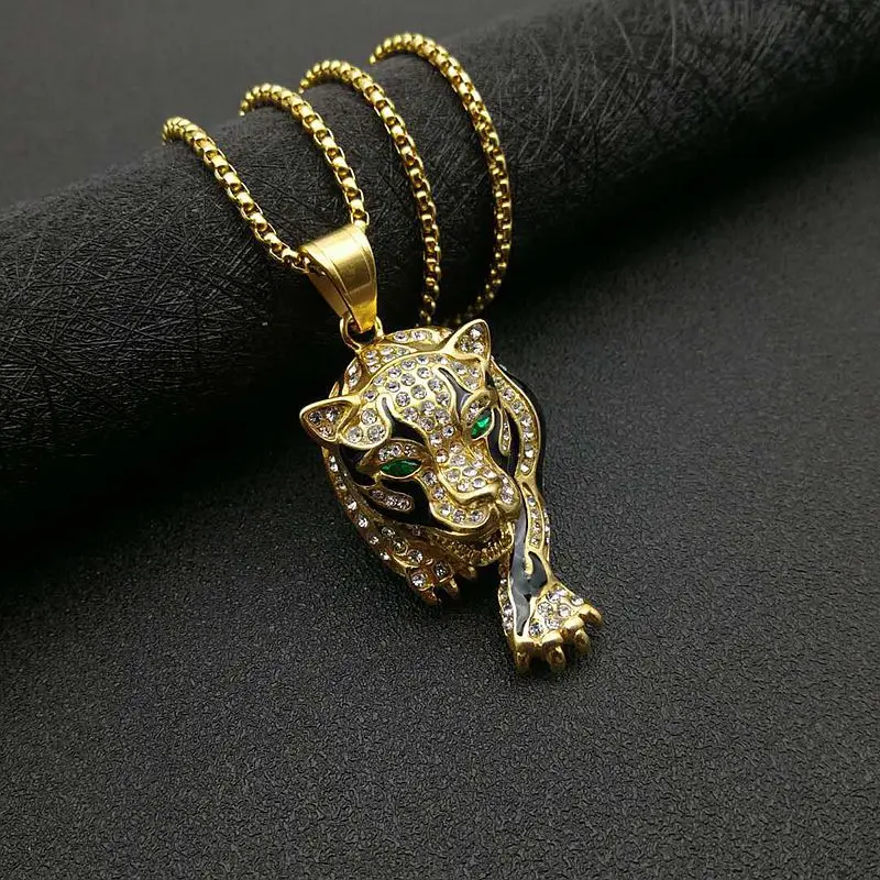 New Hip Hop Hiphop Jewelry Titanium Steel Gold Plated Diamond Leopard Head Pendant Necklace