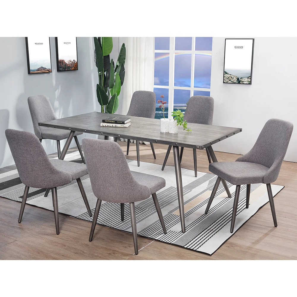 7pcs nordic home large square antique silver wooden 6 chairs dining table sets