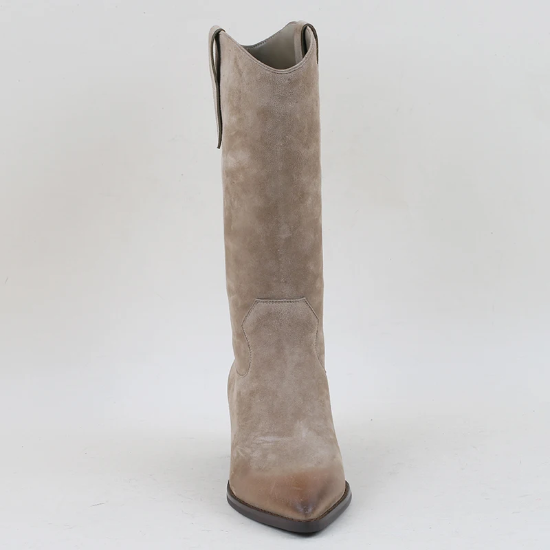 Custom Leather Thigh Cowboy Boots Point Toe High Heels Half Rain Zipper Slip On Winter Genuine Leather Thigh High Boot For Women