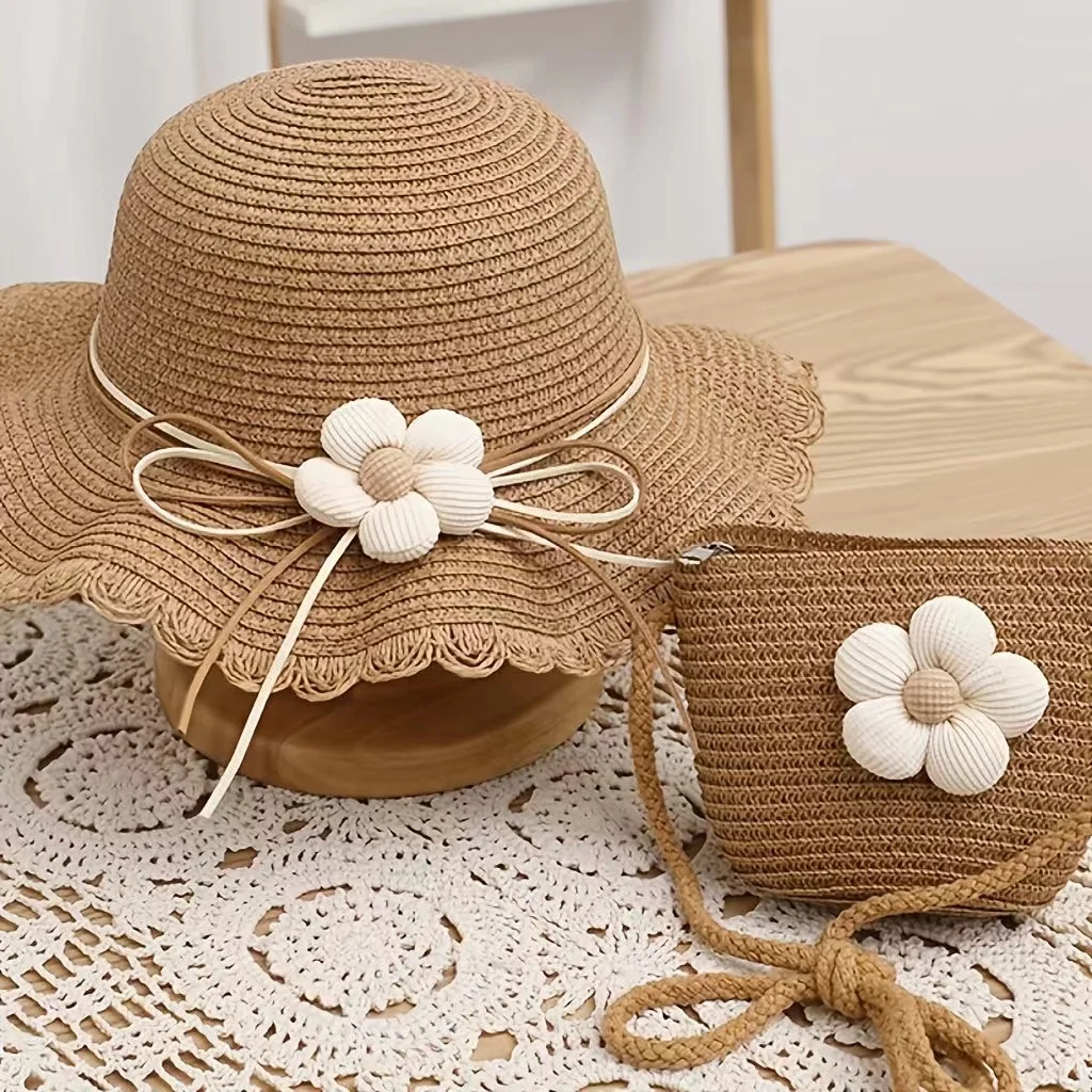 2024 Vintage Summer Straw Bag and Sun Bucket Hat Set for Kids Polyester Lining Open Closure Beach Usage