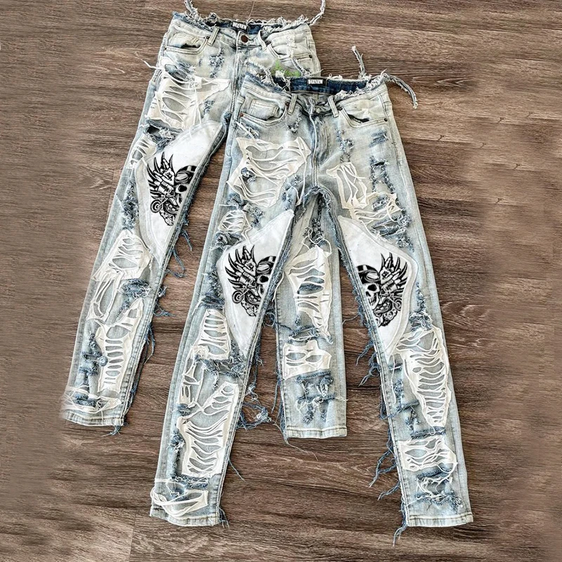 DIZNEW Jeans manufacturer China wholesale high quality light blue embroidered skinny jeans trousers for men