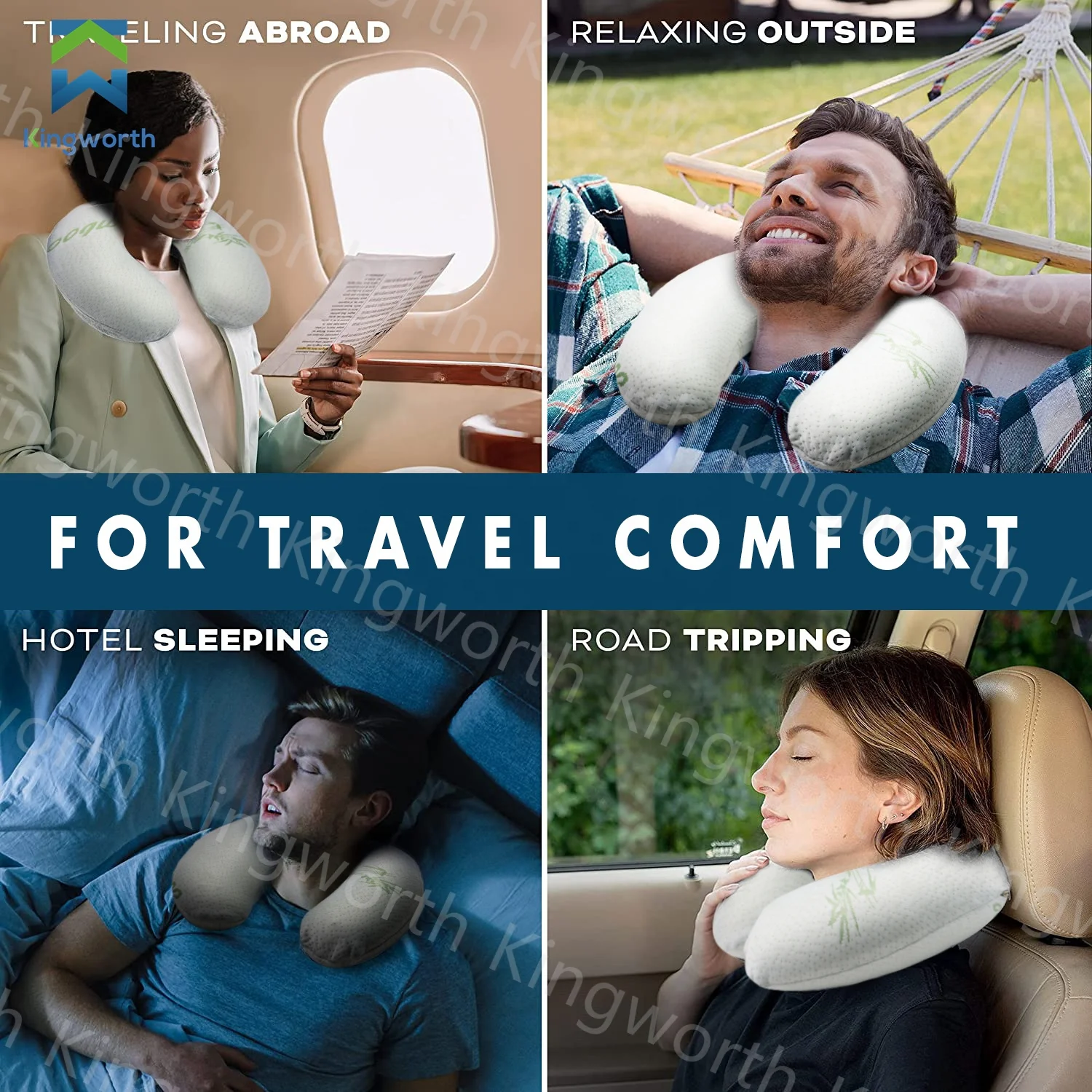 Kingworth U Shape Soft Sleeping Travel Conform Body Support Memory Foam Bamboo Pillow Set