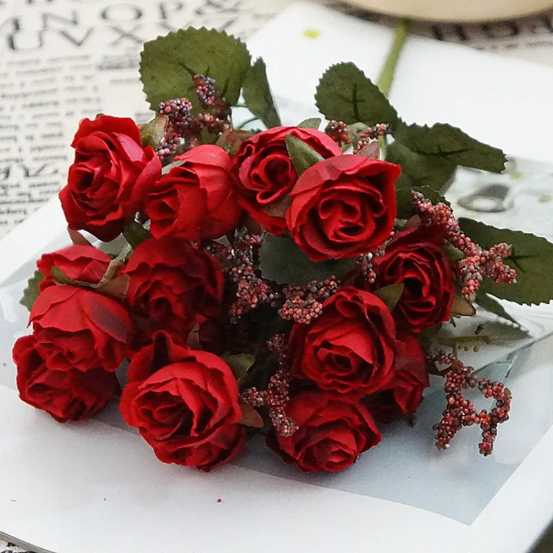 Online sale fabric 15 heads small rose bouquet artificial flower for home decoration