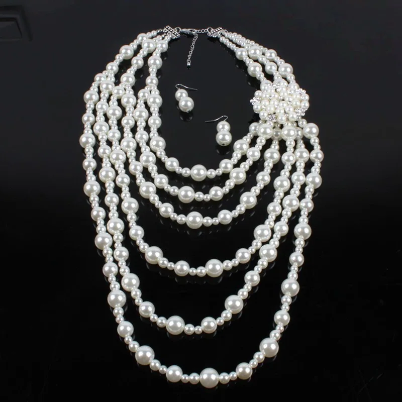 Multilayer Strand Simulated Faux Pearl Statement Long Sweater Chain Necklace and Earrings Set