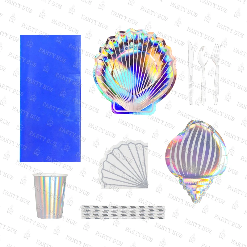 PARTYBUS Wholesale  Disposable Tableware Shell-Shaped Conch-Shaped Paper Plates Magic Laser Paper Cups Party Tableware Kits