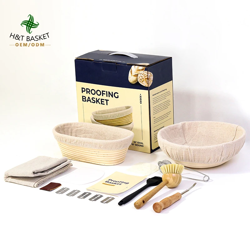 HT Natural Bread Proofing Basket Set Incl 9' Round & 10' Oval Rattan Banneton Dough Whisk Scraper Lame Linen