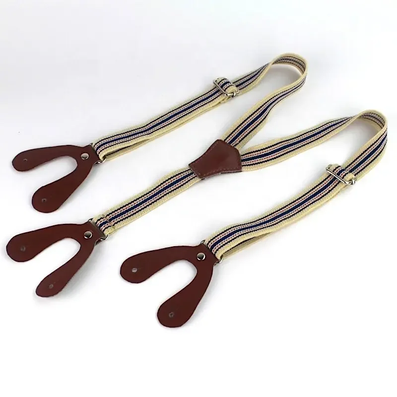 Wholesale Men Long Trousers Elastic Braces Adjustable Straps Y Shape 3 Clip Beige Stripe Suspenders