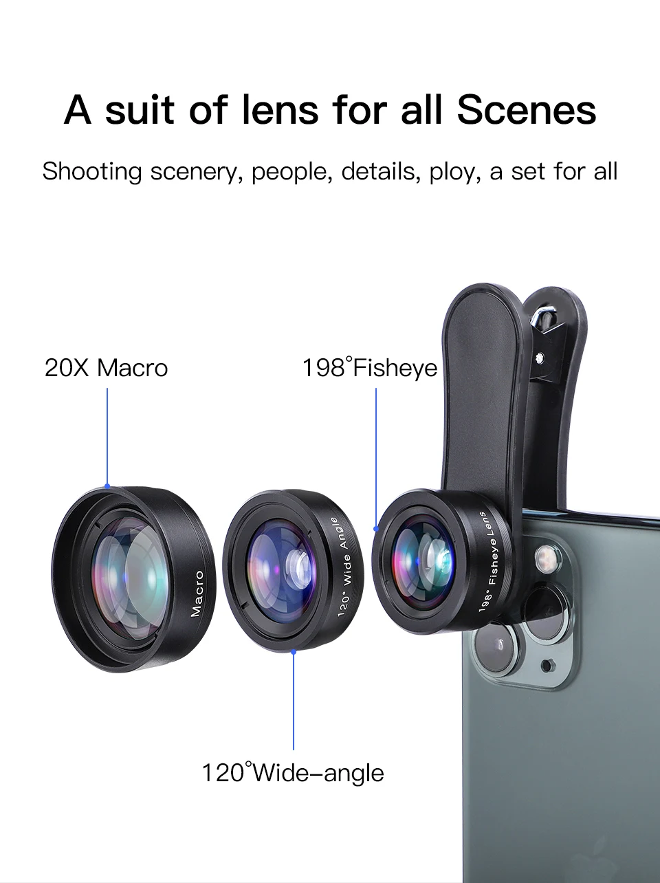 2022 Vlog Video Kit 3 in 1 Mobile Phone Lens Kit Fish Eye Wide Angle Macro Camera Lens for iPhone 11 Pro
