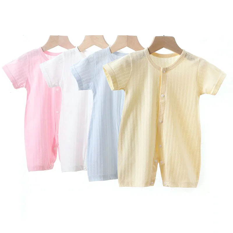Infant Newborn Knit Overalls Baby Organic Cotton Jumpsuit Summer Short Sleeve Jacquard Baby Rompers Wholesale