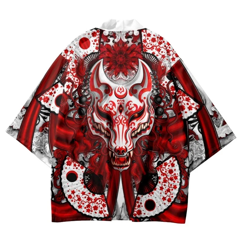 Japanese Fox Samurai Print White Kimono Streetwear Cardigan Beach Yukata Men Women Cosplay Haori Harajuku Tops Asian Clothing