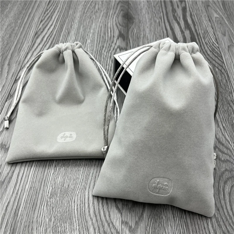 Wholesale luxury grey velvet drawstring jewelry bag with embossed logo for watch/eyewear