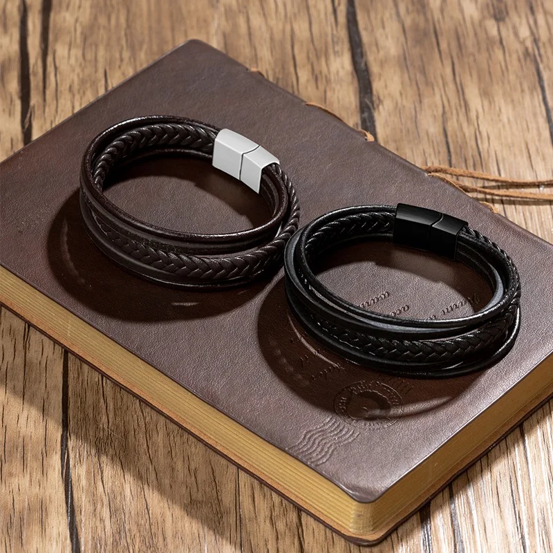 
Simple Multilayer Stainless Steel magnetic Clasp fashion Mens Jewelry leather bracelet 