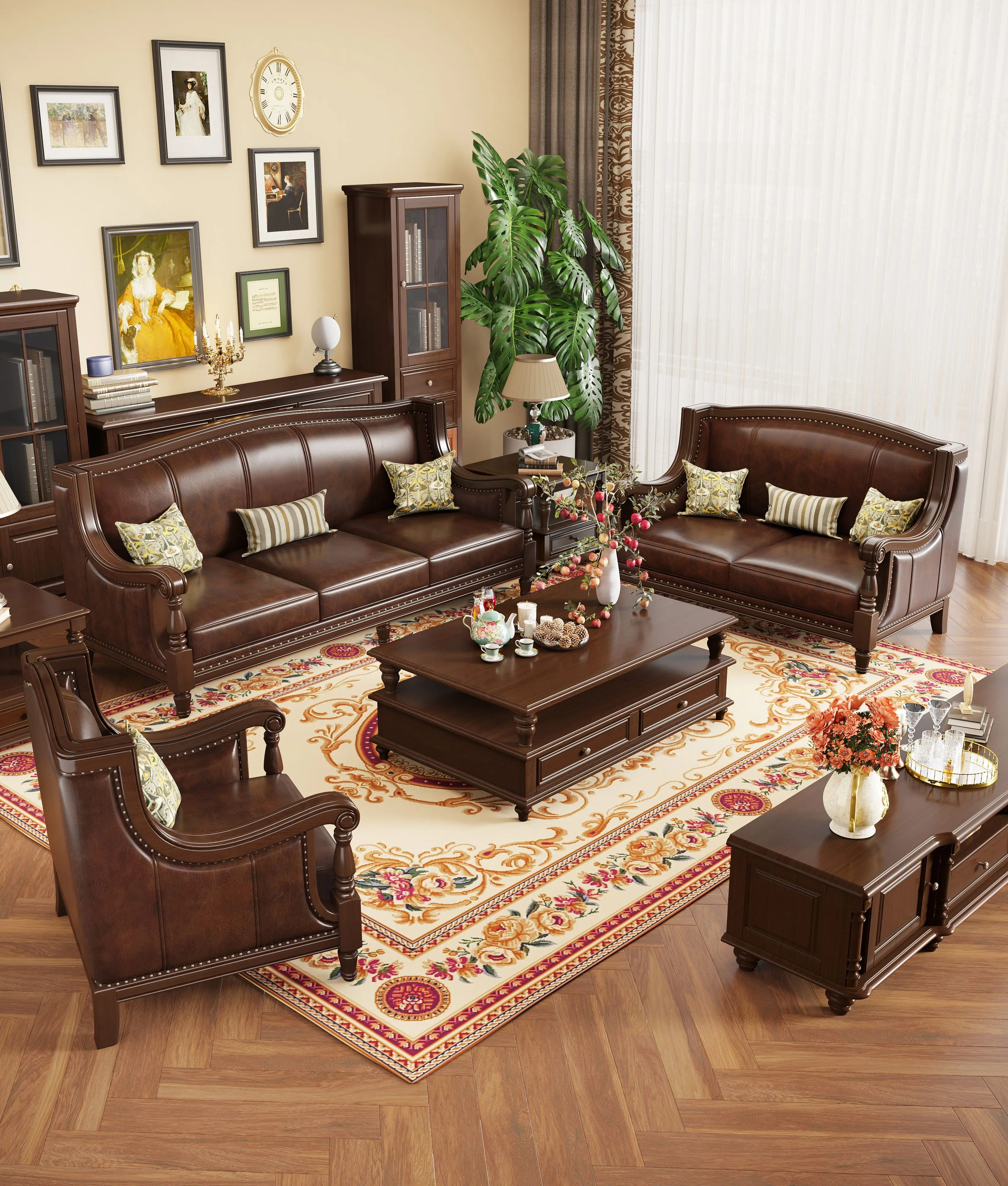 Solid Wood  1 2 3 Seater Sofa Set Antique American Living Room Furniture Top Grain Leather Sofa for Villa Home