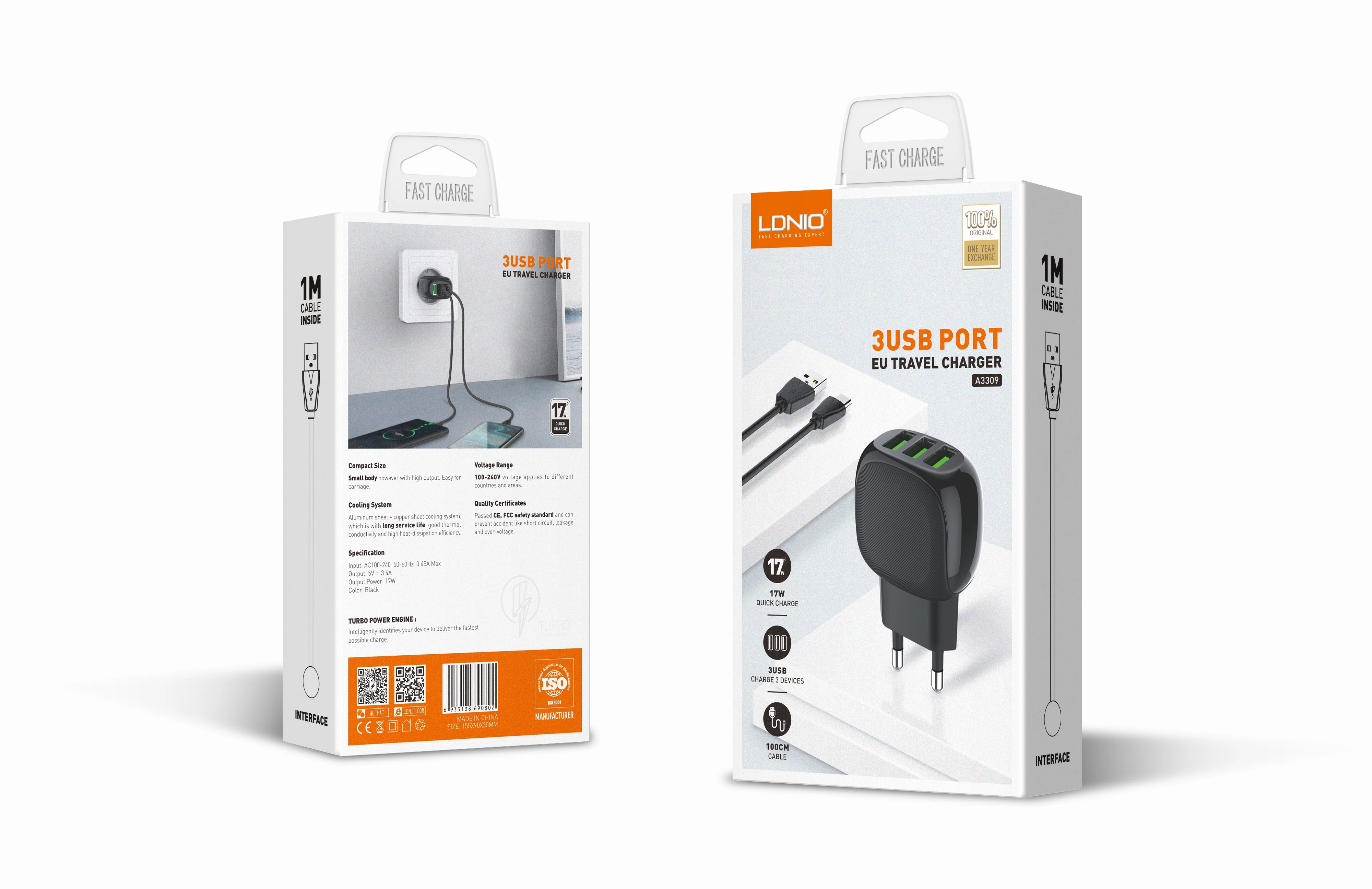 LDNIO A3309 Customized EU 1 port usb home quick charger adapters mobile cell phone travel fast charger with 1M cable