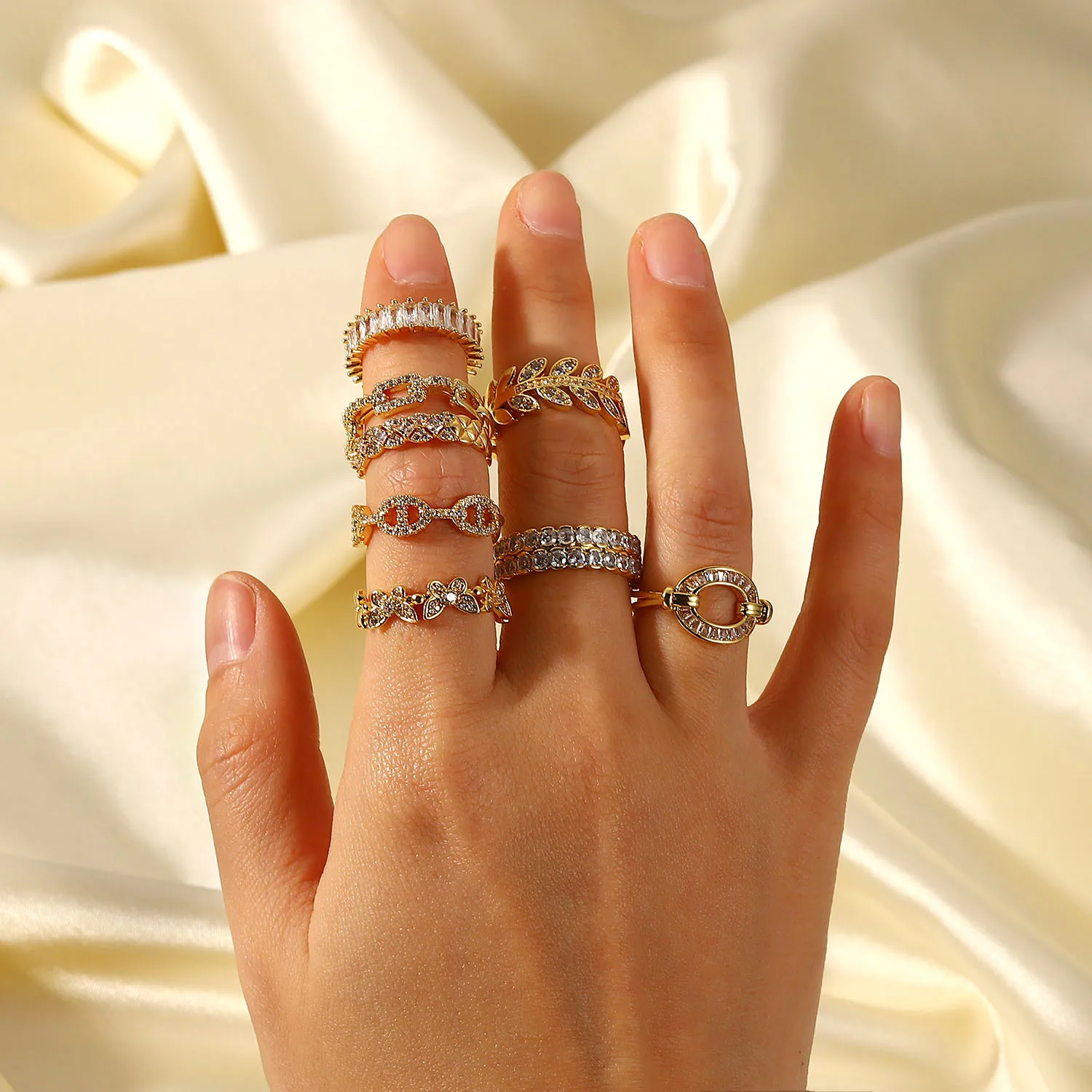 Jewelry Gold Plated Cubic Zirconia Band Rings Bling Rhinestone Crystal Geometric Shaped Wedding Rings