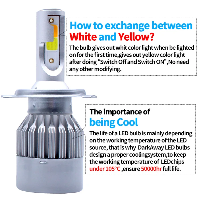 Good price Car C6 Dual Color H4  LED Headlight 72W 7600lm  H1 H3 H7 H11 9005 9006  C6 LED FOG LIGHT