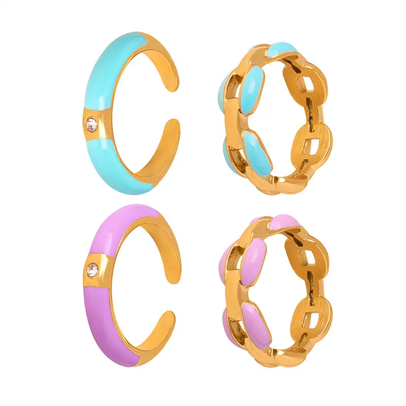 Gold Plated Colorful Enamel Ring Dainty Enamel Jewelry Stainless Steel Waterproof Open Zircon Enamel Rings Set for Women