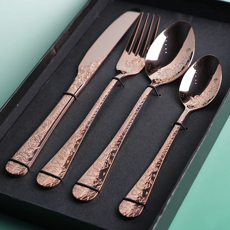 Bulk Rose Gold Plated Stainless Steel Cutlery Set Kitchen Fork Spoon Knife Flatware Sets Utensil For Wed