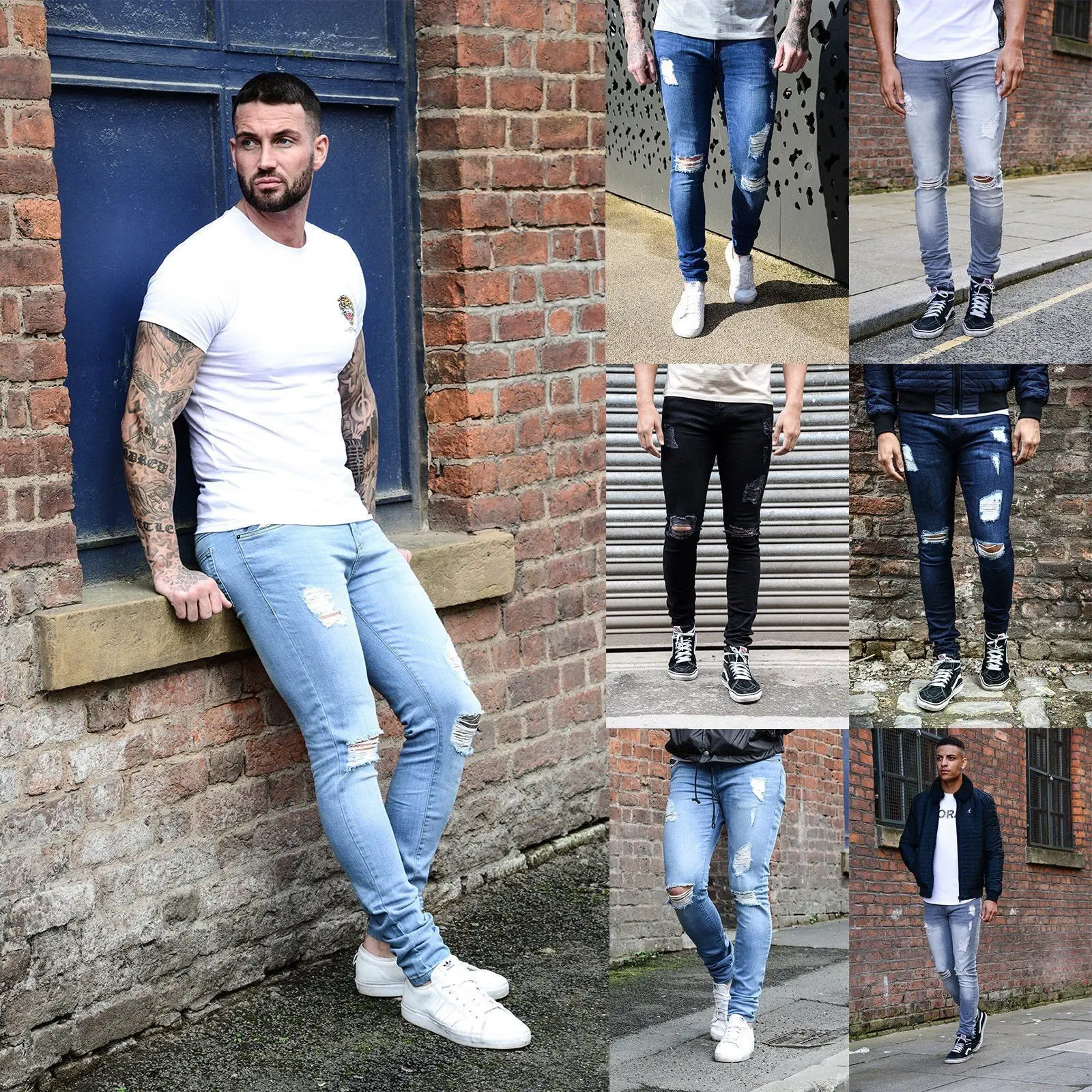 Drop shipping Autumn new Europe and the United States  man is tight pure color cowboy man small leg pants 	 ripped jeans men