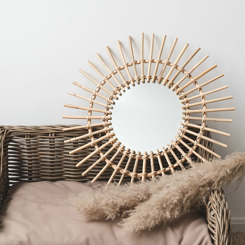 2021 New Natural Round Antique Furniture rattan Wall Mirror Decorative Sun Shaped Mirror Glass for Bathroom